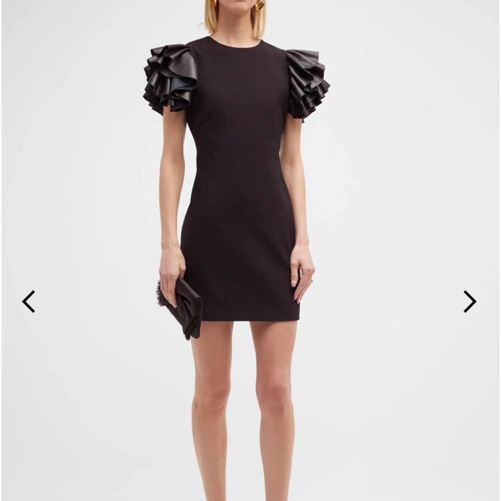 Alice + Olivia "Eunice" dress with ruffled vegan leather sleeves